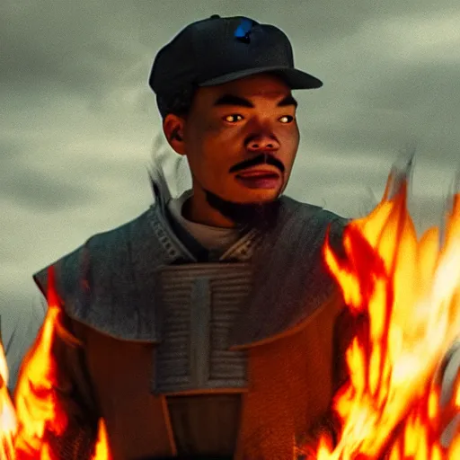 Image similar to cinematic film still of Chance The Rapper starring as a Samurai holding fire, Japanese CGI, VFX, 2022, 40mm lens, shallow depth of field, film photography