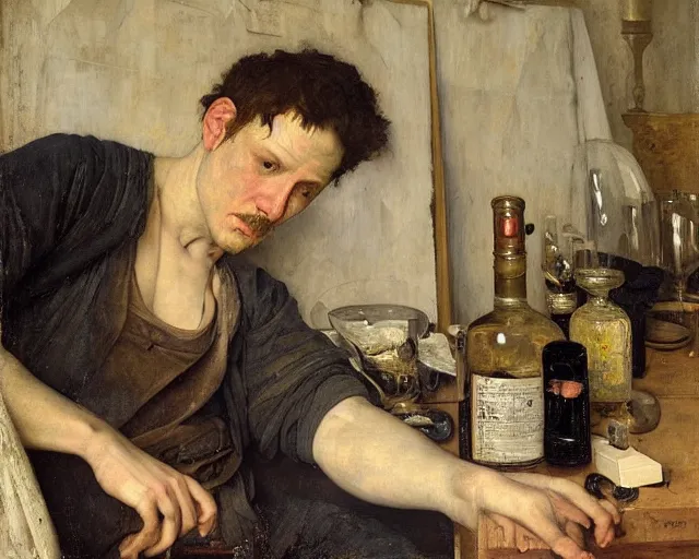 Prompt: an exhausted painter in his studio with a whiskey bottle by edgar maxence and caravaggio, intricate painting, hyper realistic, extremely detailed and beautiful aesthetic face, 8 k resolution