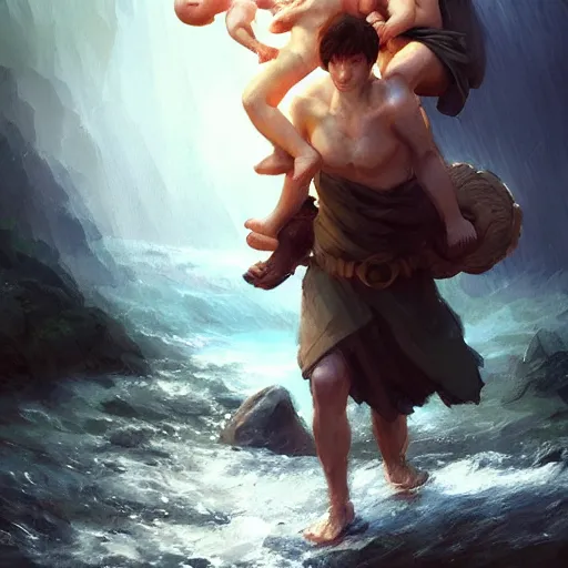 Image similar to st. christopher carrying baby jesus across a river on his shoulders, 4 k, concept art, by wlop, ilya kuvshinov, artgerm, krenz cushart, greg rutkowski, pixiv. cinematic dramatic atmosphere, sharp focus, volumetric lighting, cinematic lighting, studio quality