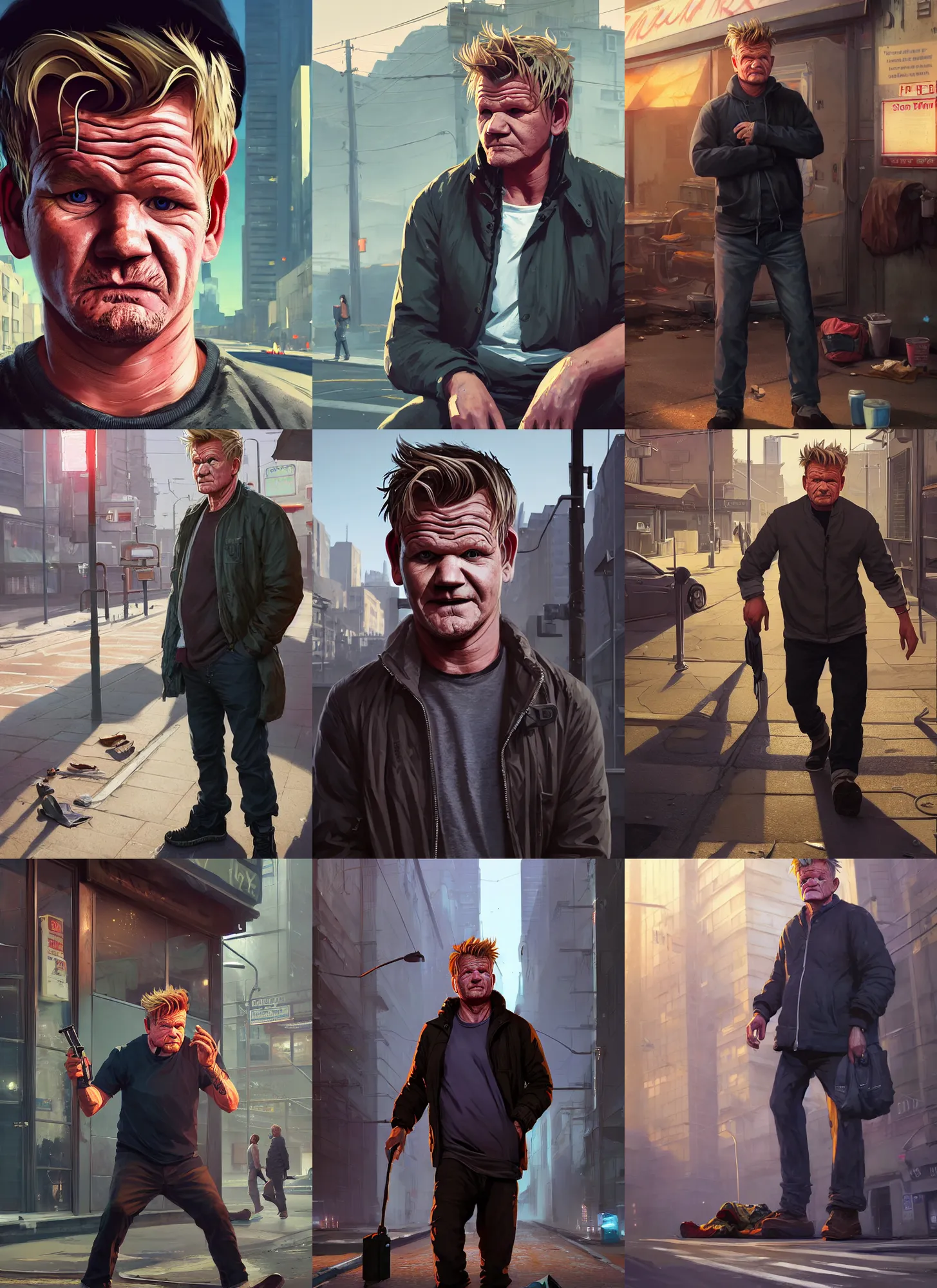 Image similar to Highly detailed full-body portrait of homeless Gordon ramsay, in GTA V, Stephen Bliss, unreal engine, fantasy art by Greg Rutkowski, Loish, Rhads, Makoto Shinkai and Lois van baarle, ilya kuvshinov, rossdraws global illumination, radiant light, detailed and intricate environment