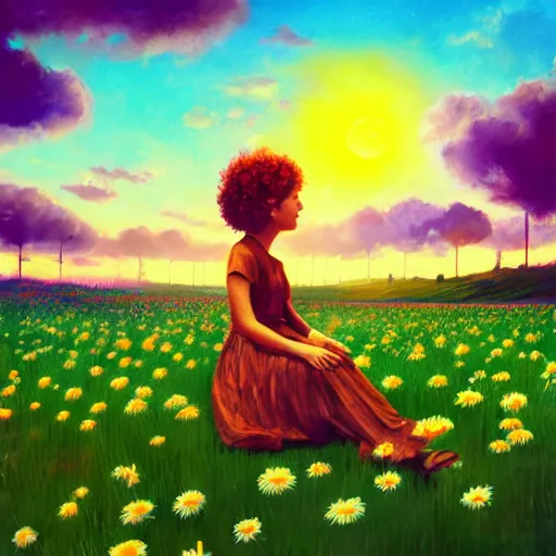 Image similar to giant daisy flower head, girl sitting in a flower field, surreal photography, sunrise, dramatic light, impressionist painting, colorful clouds, digital painting, artstation, simon stalenhag