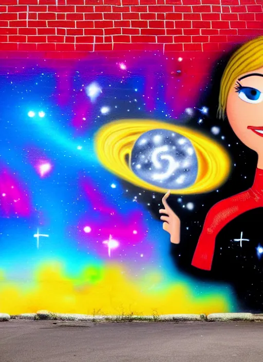 Prompt: Graffiti mural on a brick wall of a hopeful pretty astronaut lady with a wavy blonde hair and black spacesuit, by pixar, 4k resolution, vibrant but dreary but upflifting red, black and white color scheme!!! ((Space nebula background))