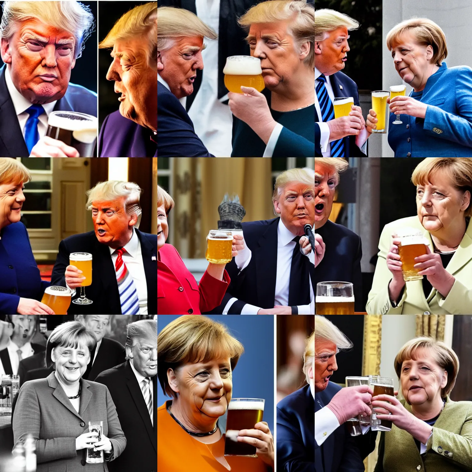 Prompt: Angela Merkel and trump drinking beer together