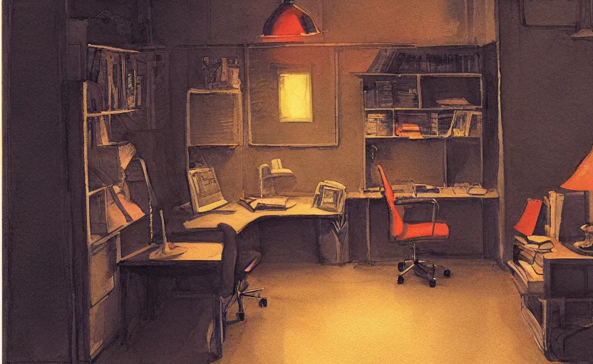 Prompt: office at night, colorful watercolor. by rembrant, battle angel alita, ralph mcquarrie, aluminum, 1 6 6 7