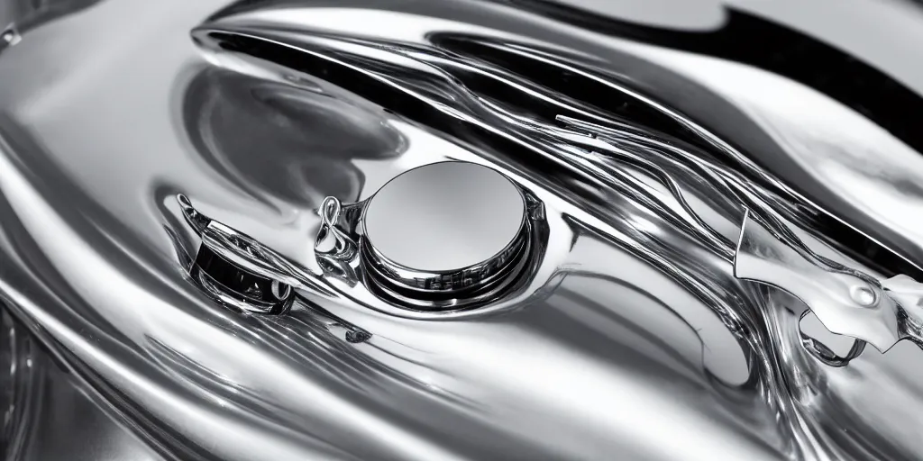 Image similar to Photo of a chrome sports car designed by Rene Lalique, sigma 50mm, ƒ/8, hyper detailed.