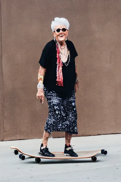 Prompt: a portrait of a fashionable gran on a skateboard in los angeles