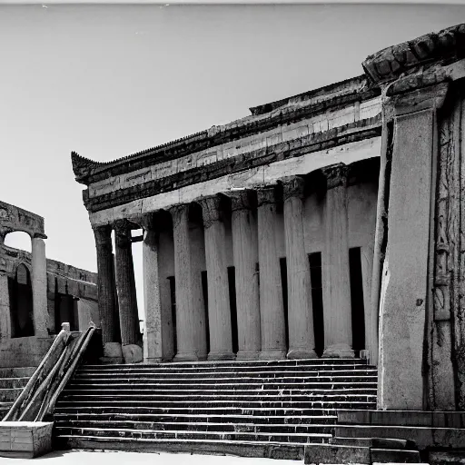 Prompt: a black and white hd photograph of the Temple of Isis view from the outside, few men are in front of the building