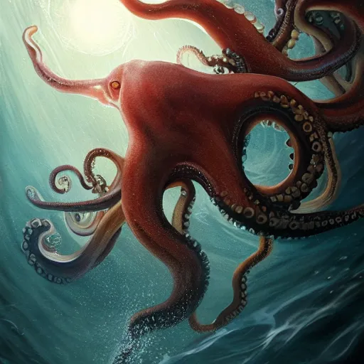 Image similar to a dream fantasy painting of a octopus attack a man in the deep of the ocean, by beksinki, antonio j. manzanedo, greg rutkowski, carne griffith trending on artstation, deviantart, photorealism, detailed, 8 k