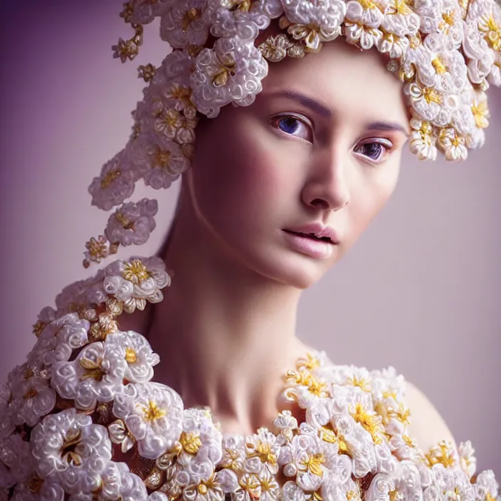 Prompt: photo portrait of a beautiful woman like a queen-flower-angel, dressed in long elegant intricate ornamental flowers white dress, natural skin tone, intricate fractal highly detailed flowers ornament in the upper side of breast, bust with a very long neck , elegant, highly detailed intricate flowers ornament in her blond long hair, Realistic, Refined, Highly Detailed, Cinematic pastel Lighting, fine art photography by Paolo Roversi, volumetric lighting, hyper realistic photography