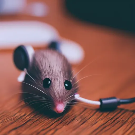 Image similar to tiny mouse wearing headphones, holding controller, gaming