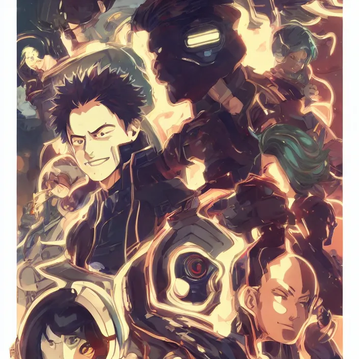 Image similar to anime portrait my hero academia, futuristic science fiction, mucha, hard shadows and strong rim light, art by jc leyendecker and atey ghailan and sachin teng