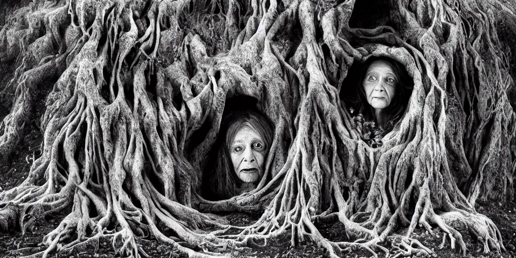 Prompt: photography of old ugly witch living in a root cave, edelweiss growing from her head, forest, dolomites, alpine, detailed intricate insanely detailed octane render, 8k artistic 1920s photography, photorealistic, black and white, chiaroscuro, hd, by David Cronenberg, Raphael, Caravaggio