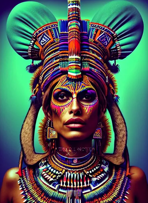 Image similar to portrait of eva mendes, hyper detailed ultra sharp aztec shaman warrior. trending on artstation, warpaint aesthetic, bloodwave, colorful, psychedelic, ornate, intricate, digital painting, concept art, smooth, sharp focus, illustration, art by artgerm and greg rutkowski and h. r. giger, 8 k