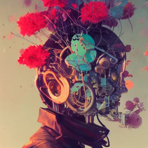 Image similar to surreal gouache painting, by yoshitaka amano, by ruan jia, by conrad roset, by kilian eng, by good smile company, detailed anime 3 d render of a mechanical android head with flowers growing out, portrait, cgsociety, artstation, modular patterned mechanical costume and headpiece, retrowave atmosphere