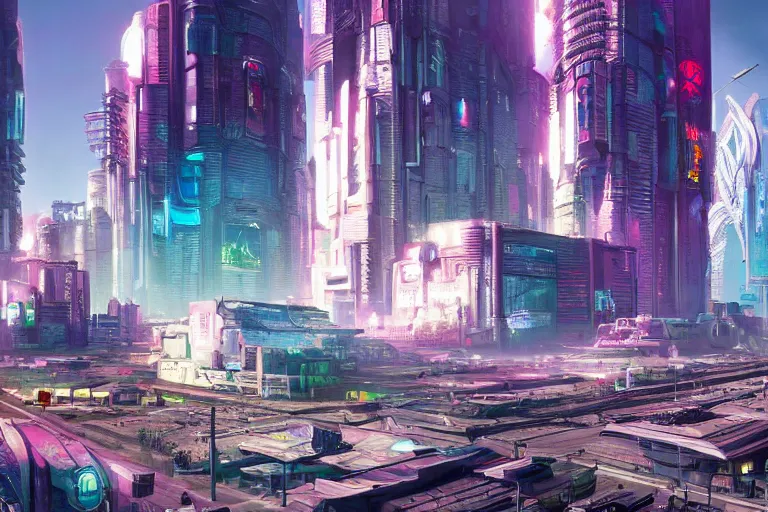 Prompt: optimistic bright utopian futuristic cyberpunk city, daytime, extremely realistic, extremely detailed