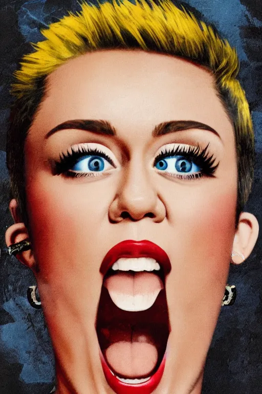 Image similar to propaganda poster, miley cyrus, close up, portrait, shouting