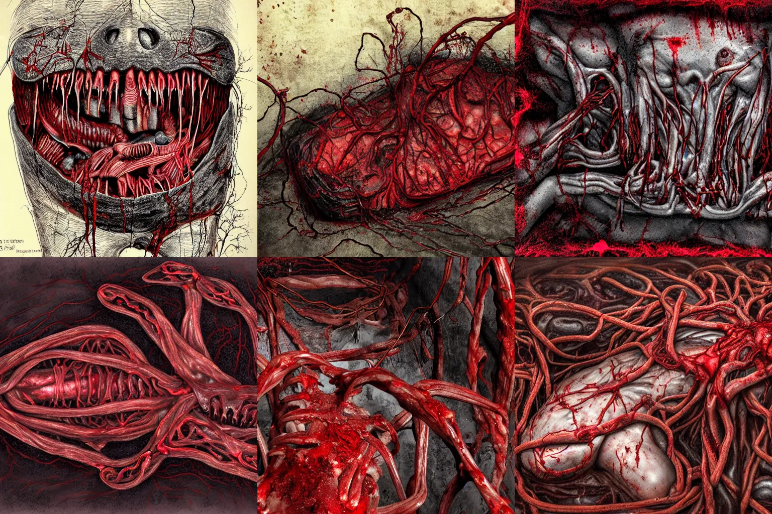 Prompt: a dark red gory structure of horror composed of intertwined decaying muscles, eyes, sharp teeth, and intestines lying in a pool of clotting blood, slimy, slowly engulfing its surroundings with twitching veins and bloody intestines, dark hazy room, unknowable and beyond comprehension, ultra-detailed, digital art, hyperrealistic, in color