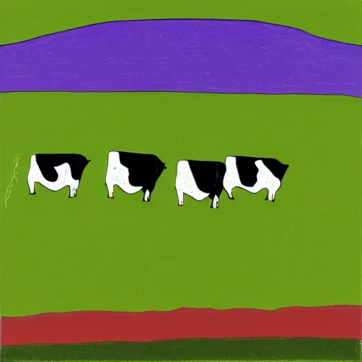 Image similar to cows casting a shadow being abducted by ufo in summer night from pasture. aerial view, minimalism, precisionist in style of patrick nagel, purple and green gamma with contrast and shadows