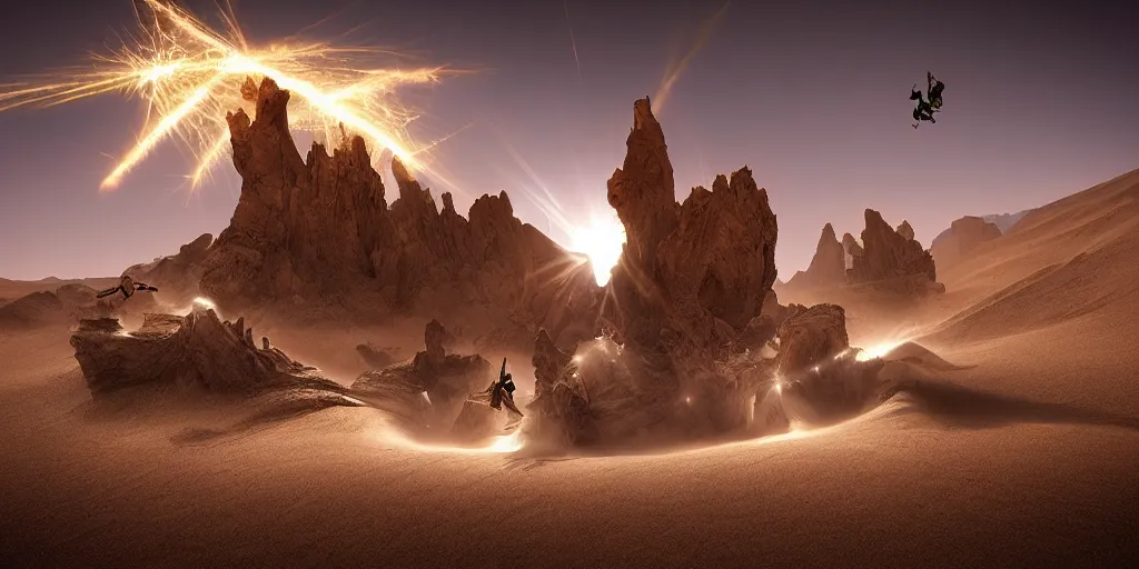 Image similar to an epic laser fight in desert, photo by Marc Adamus,