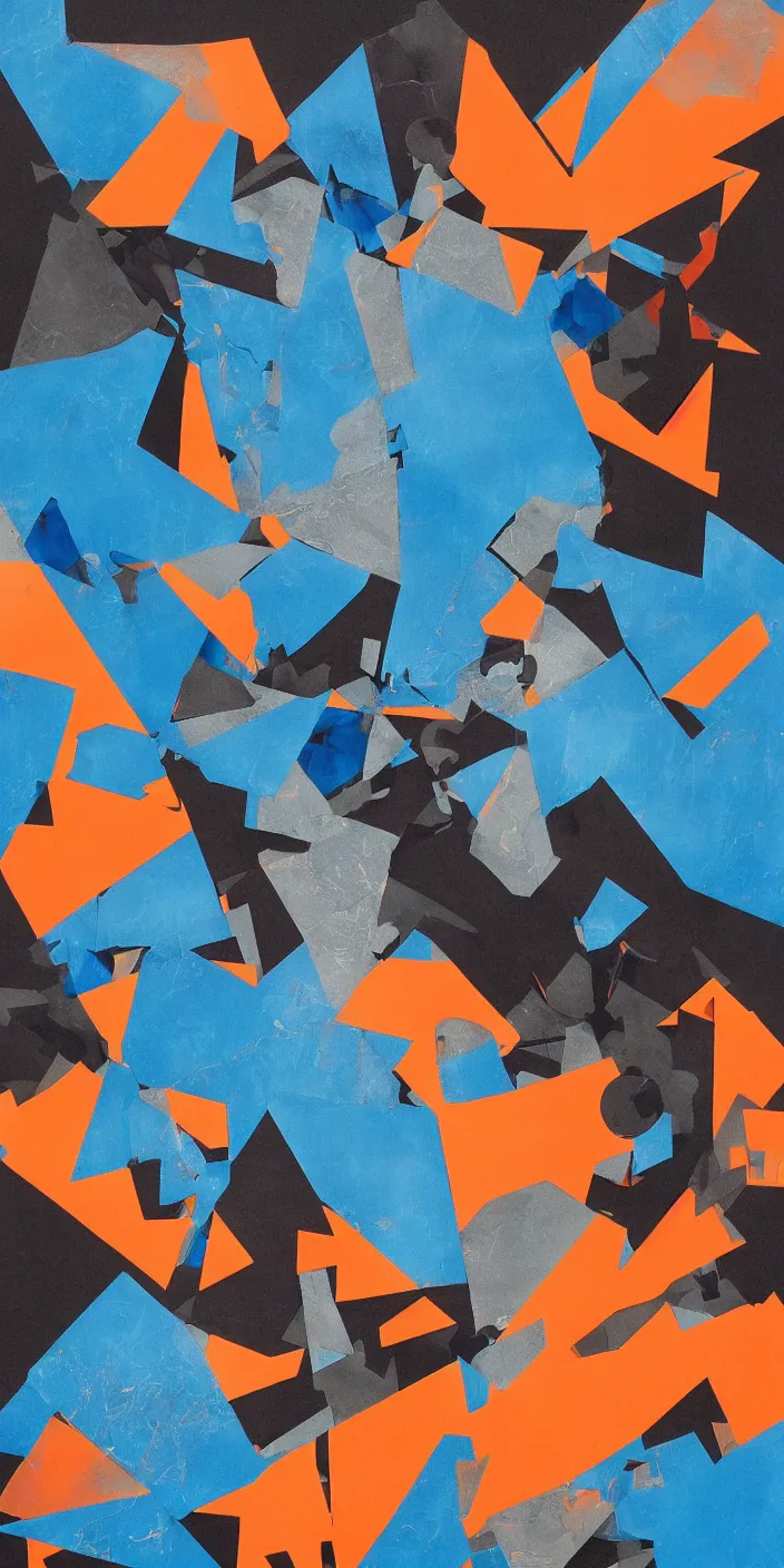 Prompt: Abstract collage by Augustine Koffie, blue and orange tones, black paper, elegant, intricate details, trending on art station