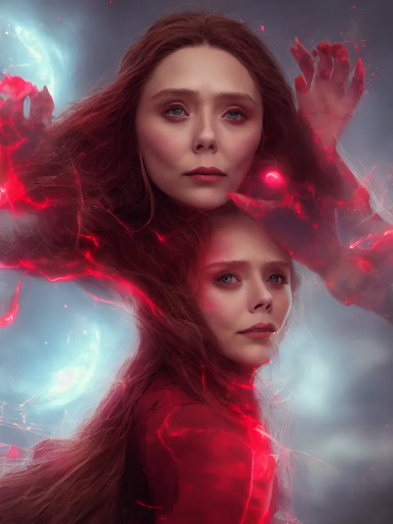Image similar to movie still of elizabeth olsen as scarlet witch creating a barrier of red energy around herself!!!!!, photorealistic art style, fantasy aesthetic. full - body photography, comprehensive art, thorough details, intricate, artstation, cgsociety contest winner