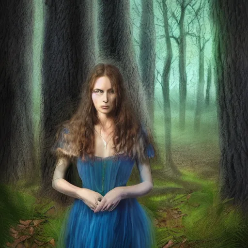 Prompt: portrait of a strange, gorgeous and mystical woman in the woods, trees in the background, evening lighting, 4k, detailed, in the style of Greg Capullo