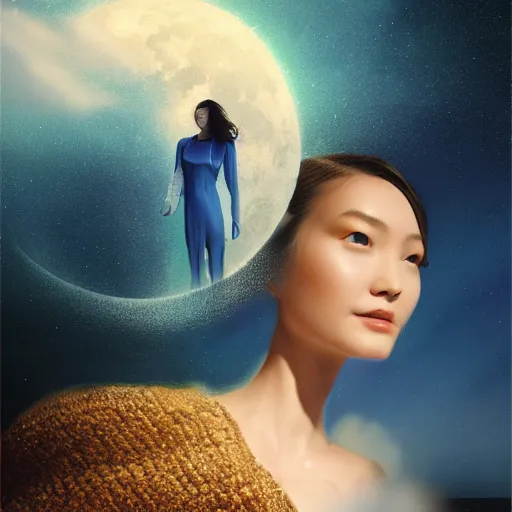 Image similar to 3 d, sci - fi, night, moon, moon rays, smiling fashion model face, cinematic, clouds, vogue cover style, blue mood, realistic painting, intricate oil painting, high detail illustration, figurative art, multiple exposure, poster art, 3 d, by tooth wu and wlop and beeple and greg rutkowski