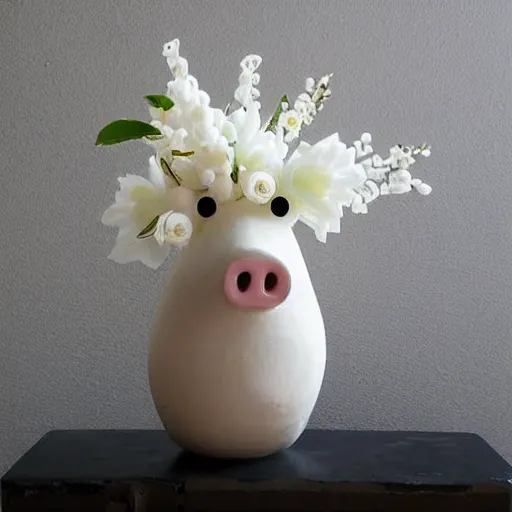 Prompt: “pig sculpture, mixed materials, pork, ikebana white flowers, white wax dripping”