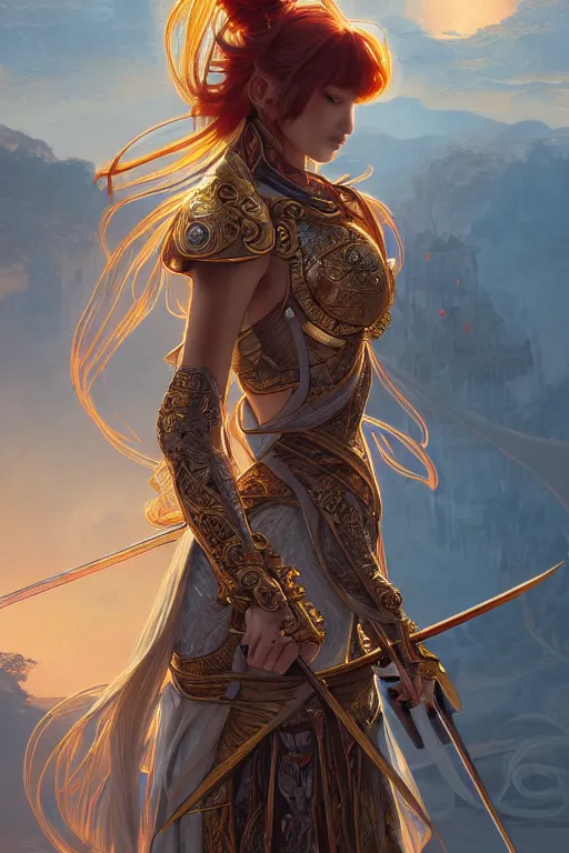 Image similar to portrait knights of zodiac girl, golden and copper shining armor, bushido katana, in ruined agora of athens sunrise, ssci - fi and fantasy, intricate and very very beautiful and elegant, highly detailed, digital painting, artstation, concept art, smooth and sharp focus, illustration, art by tian zi and wlop and alphonse mucha