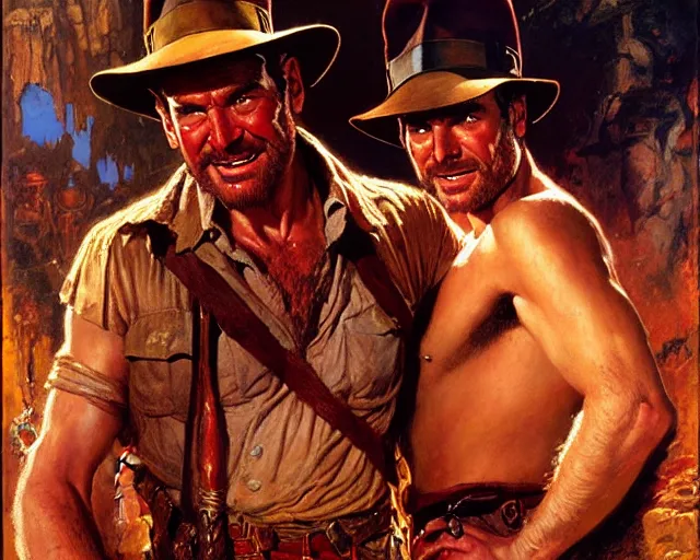 Image similar to indiana jones and the temple of doom, painting by gaston bussiere, craig mullins, j. c. leyendecker, tom of finland