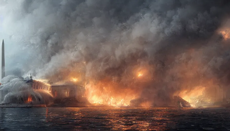 Image similar to washington dc underwater, lifeboat, rescue, damaged collapsed buildings, white house on fire, storm, fire and ashes, hyperdetailed, artstation, cgsociety, 8 k