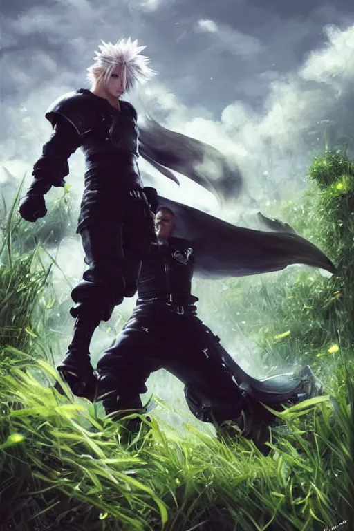 Image similar to cloud from final fantasy 7, battle stance , highly detailed, in a magical lush field of overgrown plants, digital painting, artstation, concept art, smooth, sharp focus, illustration, cinematic lighting, art by artgerm and greg rutkowski and Annie Leibowitz