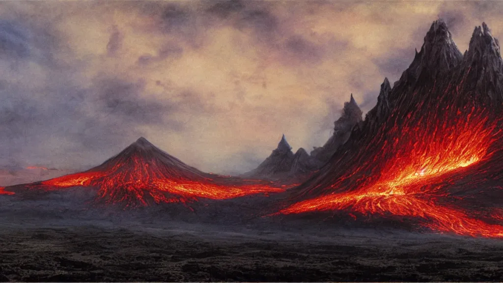 Image similar to volcanic plains of mordor, flaming eye of sauron in the dark clouds above, by alan lee, intricate, lord of the rings calendar, smooth, detailed terrain, oil painting, trending artstation, concept art, matte painting