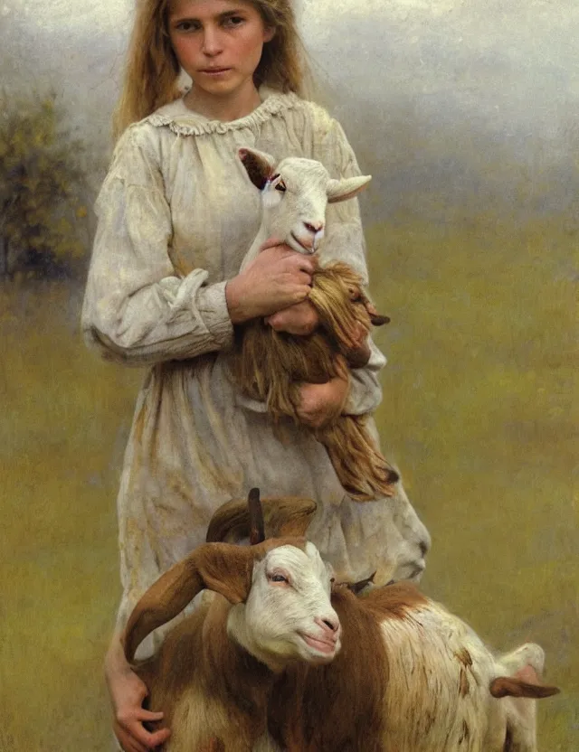 Image similar to portrait of peasant girl holding goat in her hands, cottage core, cinematic focus, polaroid photo bleached vintage pastel colors high - key lighting, soft lights, foggy, by steve hanks, by lisa yuskavage, by serov valentin, by tarkovsky, 8 k render, detailed, oil on canvas