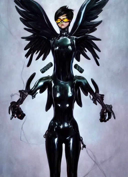 Image similar to full body artwork of tracer overwatch, wearing black latex outfit, in style of zdzisław beksinski, angel wings, dramatic painting, wearing detailed steel collar, black shiny armor, chains, black harness, detailed face and eyes,