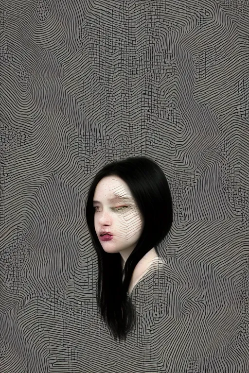 Image similar to random, glitch, picture portrait,(((((((((((((young woman's face))))))))))))), random,long black hair, glitch, pale skin, glitch, random digital render, super-detailed ,glitch, by Millais