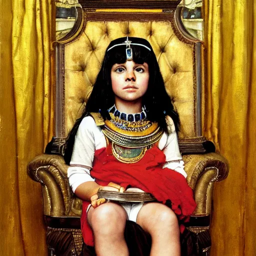 Prompt: Portrait still photograph of young Cleopatra sitting on her throne in the Oval Office by Norman Rockwell, detailed, textured, medium shot, mid-shot, trending on Artstation