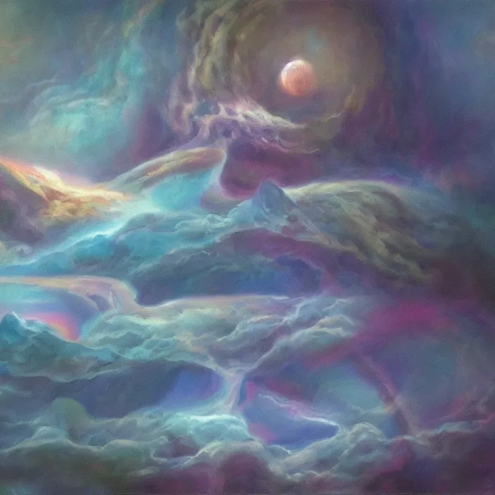 Image similar to temple of sleep non-Euclidean geometry sleepwalker mythos dream clouds and lambent fog, award winning oil painting, polychromatic spectrum