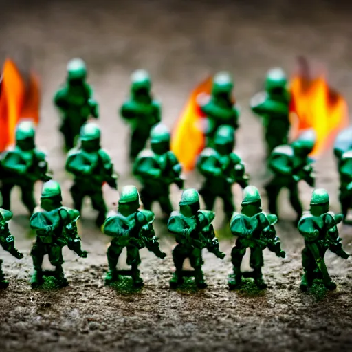 Prompt: 5 green plastic toy soldiers in set on fire . close up. DOF 100mm. F/1.8 45 45 degrees angle