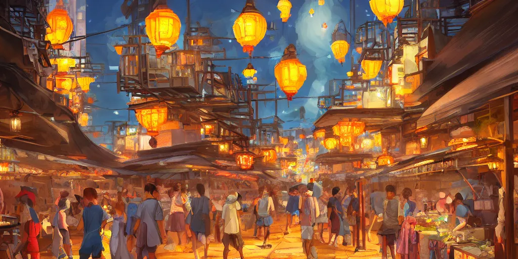 Prompt: night market with vendors spread across an alley, desert city, vertical architecture, full of life, lively, bustling, fireflies, lanterns, studio ghibli, trendy 4 k digital painting on artstation