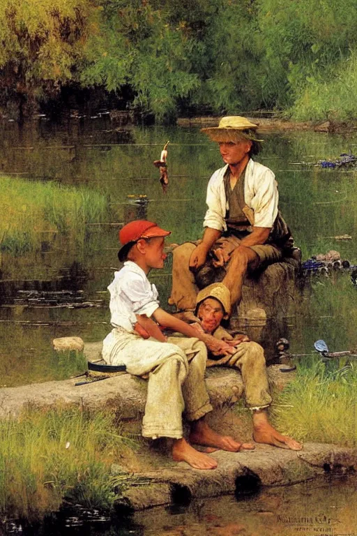 Prompt: huckleberry finn and tom sawyer sit by the river and fish, norman rockwell, victor Nizovtsev, bouguereau