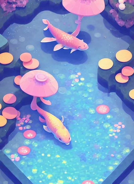 Image similar to sparkling pastel cute voxel art of a koi pond, behance, artstation, cute, Japanese, 3d render, unity, beautiful lighting, extremely beautiful, very beautiful award winning art Huang Guangjian and Gil Elvgren and Sachin Teng , Greg Manchess