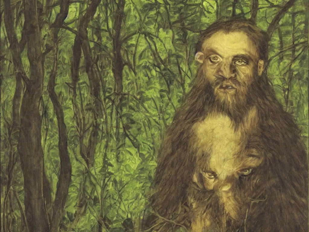 Prompt: Portrait of wild, primitive, cruel green-eyed, hairy, savage man in the dark forest. Painting by Hugo van der Goes