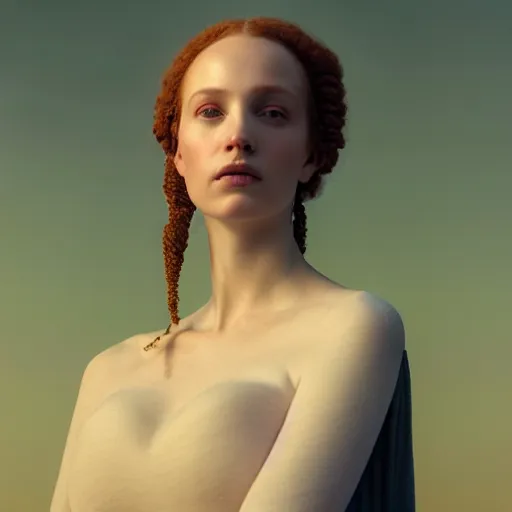 Image similar to photographic portrait of a stunningly beautiful english renaissance female in soft dreamy light at sunset, beside the river, soft focus, contemporary fashion shoot, in a denis villeneuve and tim burton movie, by edward robert hughes, annie leibovitz and steve mccurry, david lazar, jimmy nelsson, extremely detailed, breathtaking, hyperrealistic, perfect face, octane render