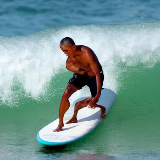 Image similar to obama surfing in rough surf holding a margarita, sharp focus, intricate details, highly detailed, realistic vacation photograph