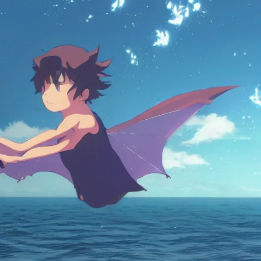 Prompt: bat throws a fire ball at a butterfly, in the ocean, by makoto shinkai