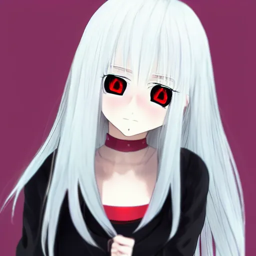 Image similar to white hair, red eyes, two small horn on the head, anime style, anime girl