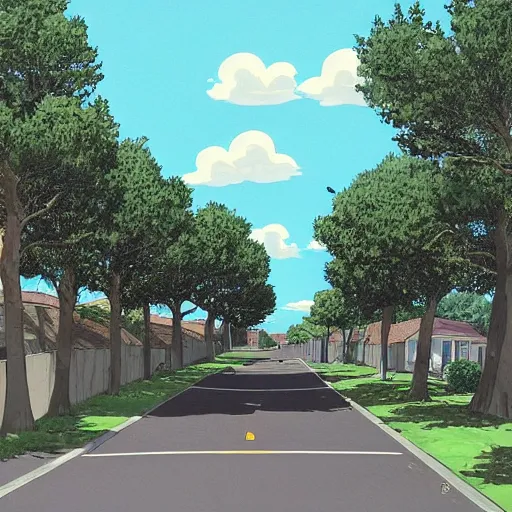 Image similar to neighborhood street, uptown street, golden hour, golden sunshine, trees over road, shining sun in distance, trees, juniper trees, oak trees, cars parked in street, long street, distance, cel - shaded, raytracing, cel - shading, toon - shading, 2 0 0 1 anime, flcl, jet set radio future, drawn by artgerm