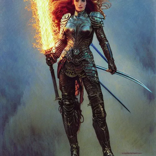 Image similar to quarter length portrait of a armored female valkyrie with a flaming sword, d & d, fantasy, luis royo, magali villeneuve, donato giancola, wlop, krenz cushart, hans zatka, klimt, alphonse mucha