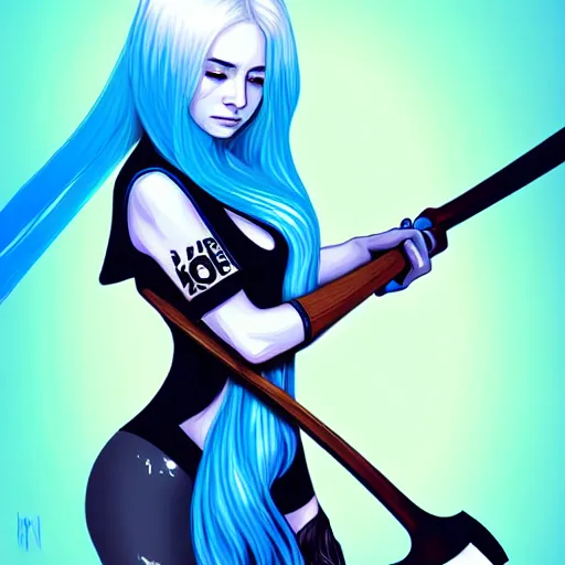 Prompt: A woman with long white hair, and bright blue skin, holding and axe with black mold dripping off it, professional art, trending on artstation